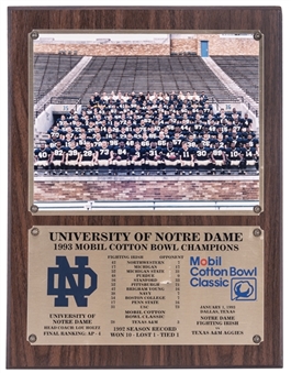1993 University of Notre Dame Mobil Cotton Bowl Champions Plaque (Holtz LOA)